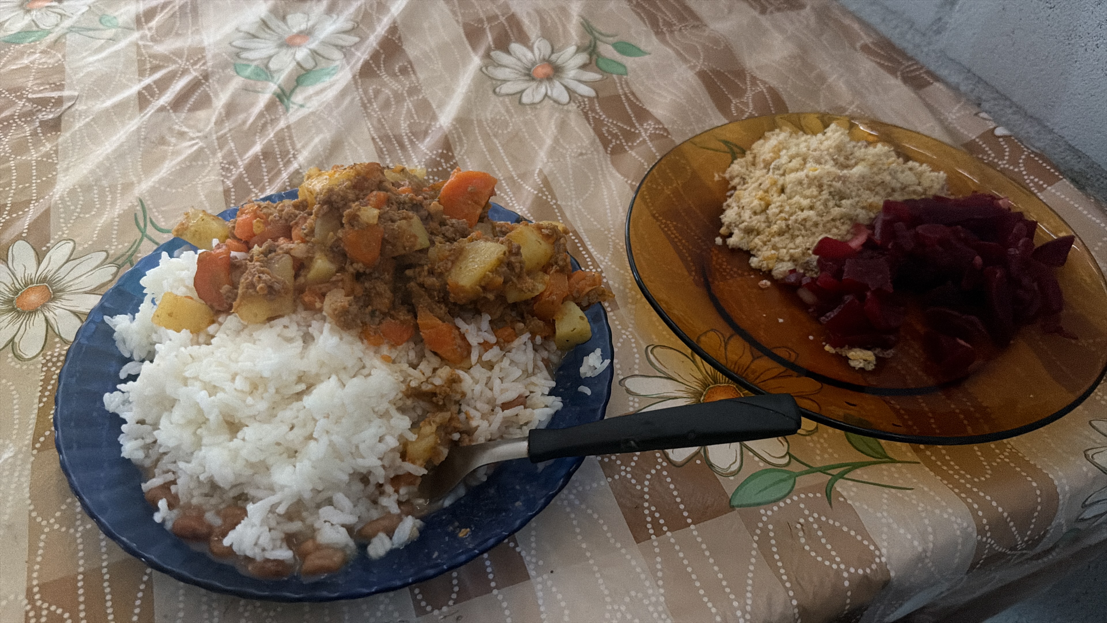 Prato tipicamente brasileiro servido no lar: arroz, feijão, carne e farofa